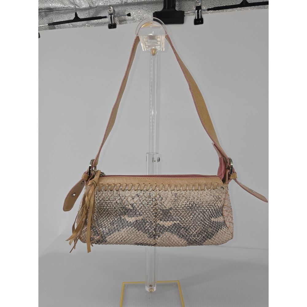 Roberta Gandolfi Italy Snakeskin Embossed Leather Baguette Shoulder Bag Tan Pink